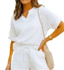 NEW- White Textured V Neck Top and Drawstring Short Set