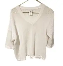 Cabi Small White Breeze Cotton Open Knit V Neck Quarter Sleeve Top Style 5454