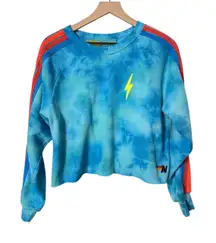 Aviator Nation Cropped Classic Crew Sweatshirt Tie Dye Blue Neon Rainbow