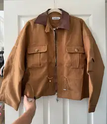 Brown Front Pocket Drawstring Cross Charm Zipper Jacket