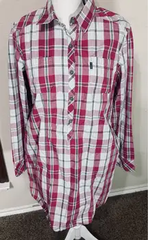 Columbia Plaid Shirt Dress Women's Long Sleeve Roll Tab Pink Gray L Casual