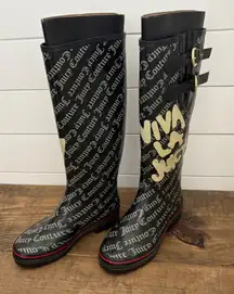 Juicy Couture Black Logo Tall Rain Boots Buckle Detail Women's Size 7