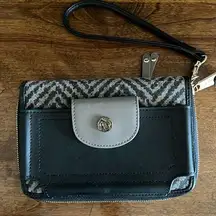 SPARTINA Lorelei Black Taupe Leather & Canvas Mid Sized Wallet/Wristlet A26