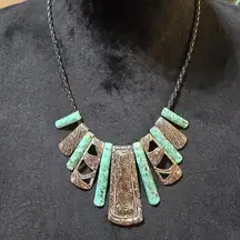 Womens Leather Cord Turquoise Beads & Silver Accent Rectangle Pendant Necklace