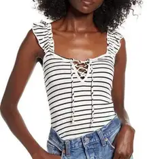 Billabong Sweet Peri Striped Tank Top NWT BLACK WHITE Ruffle Size Large