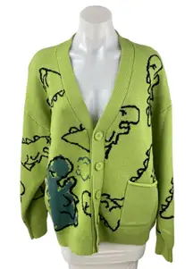 Andreilee Womens Green Dinosaur Print Button Pocket Oversized Cardigan Sweater L