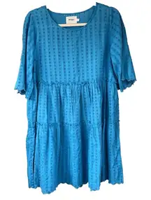 D1 NOTSHY Blue Cotton Tiered Ruffle Dress Textured Short Sleeve Size S