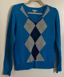 🌞Vtg Izod Light Turquoisew/Gray&Black Argyle Down Front of Sweater A228