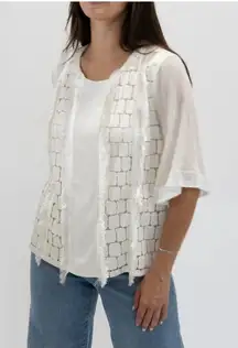 Alexis Jacket Womens‎ Medium White Sheer Sleeve Embroidered Fringe Boho Indie