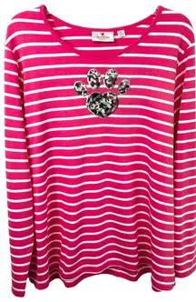 Quackey Factory XL Top Pink White Striped Long Sleeve‎ Dog Paw Heart Sequin 325