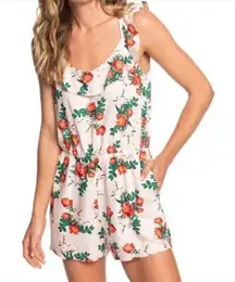 Roxy Cloud Floral Ruffle Open Back Romper Peach Pink Medium Sleeveless