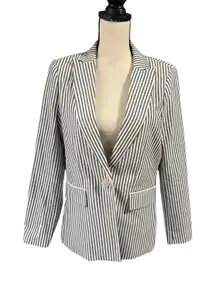 Evereve Women's Black White Stripe Blazer Sz M Preppy Quiet Luxury Careerwear