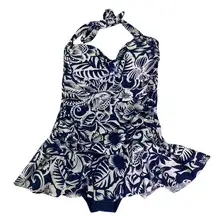 CHAPS  Women's Swimsuit Sz 8 Skirted One Piece Navy Blue White Floral Halter