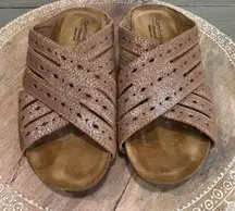 Comofortiva‎ Gala Crisscross Slides Metallic Suede Leather Memory Foam Size 7W