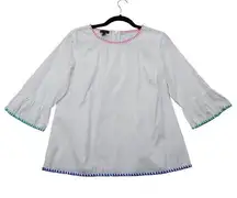 Talbots Petites Women Size SP White 3/4 Bell Sleeve Blouse Rainbow Trim