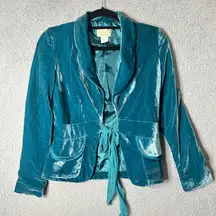 Moon Blazer Womens S Turquoise 100%‎ Silk Velvet Tie Front Formal Blazer