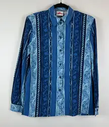 Alia Shirt Women‎ 8 Blue Striped Chain Print Long Sleeve Button-Up Artsy Retro