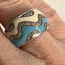 Sterling Silver Diamond Encrusted and Wave Abstract Enamel Cigar Band Ring