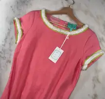 STS Sail to Sable Peachy Pink Linen Shift Dress Bouclé Trim And Gold Back Zip