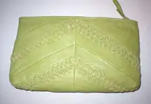 New Designer Charles David Green Leather Embroidered Clutch Handbag Logo Unique