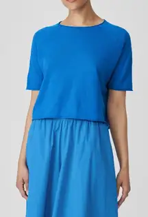Eileen Fisher XL Organic Linen Cotton Jewel‎ Neck Top Boxy Blue Knit Tee NWOT