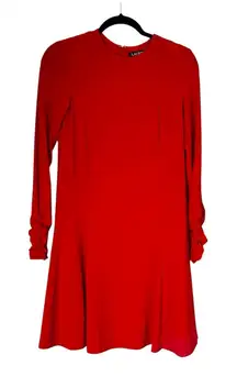 Lauren Ralph Lauren Red Long Sleeve Ruched Sleeve Stretch Fit and Flare Dress