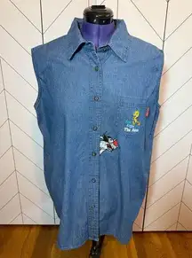 90s Looney Tunes Women’s 18 - 20 W Plus Size Cotton Denim Sleeveless Button Down