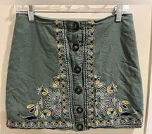 Blue Rain Size Small Linen Blend Olive Green Embroidered Mini Skirt