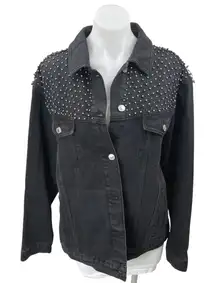 Topshop Black Rhinestone Embellished Button Denim Jeans Moto Coat Jacket Size 10