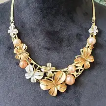 Women's Fashion Gold & Copper Ton Butterfly Sea Pearl Bib Necklace with Lobster