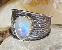 Moonstone Sterling Silver Etched Wide Band Ring Size 9