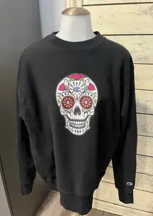 Champion Black Skull Graphic Sweatshirt Día de Los Muertos Size Medium