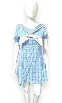 Kawaii Plaid Sailor Collar Bow Blue/ White Small Dress