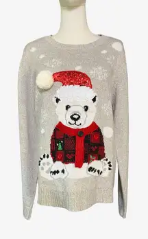 Karen Scott Plus PXL Polar Bear Christmas Sweater Glitter Santa Hat Gray