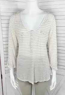 89th & Madison Striped Shirt V Neck Pocket Tee Roll Sleeve Beige White‎ Medium