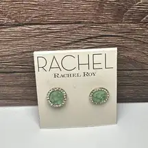 Rachel Roy Green With Clear Rhinestone Gold Tone Round Stud Pierced Earrings
