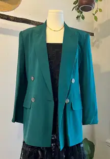 Vintage Hugo Buscati Silk Emerald Green Double Button Silk Blazer Jacket Size S