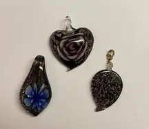 Lot Of 3 Costume Pendants / Charms - Blown Art Glass Mix - Heart Flower Etc