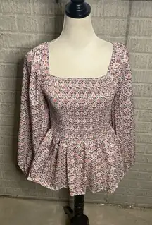 Hayden Los Angeles Floral Long Sleeves‎ Smocked Square Neck Peplum Blouse Small