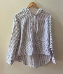 Tahari 100% Linen Stripe Hoodie Button Front Shirt Size Small EUC