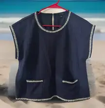 Chic Ann Taylor Loft Sweater Knit Top Womens M Navy Blue Tweed With Silver Trim