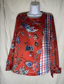 Zara Red Blue Multi Floral Paisley Bird Patchwork Blouse Top Size XL