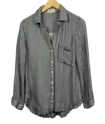 Cloth & Stone Fringe Hem Striped Blouse Linen Blend Black White Top Size S