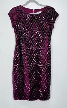 Eliza J Maroon Purple Art Deco 1920s Style Sequin Cap Sleeve Mini‎ Dress Size 4