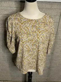 Melloday Yellow‎ Leaf Print Short Sleeve Crew Neck Blouse Size Large