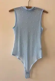 Light Blue Mesh Beaded Pearl Bodysuit