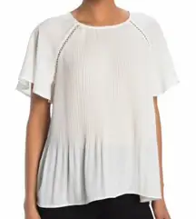 NEW NWT PLEIONE Pleated Flutter Sleeve Blouse Ivory Short Sleeve Sheer Boho Work