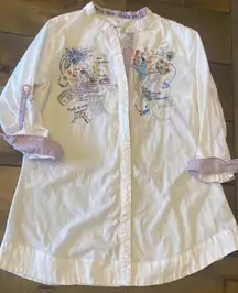 Desigual Womens Medium White Button Up Funky Embroidery Chula Life