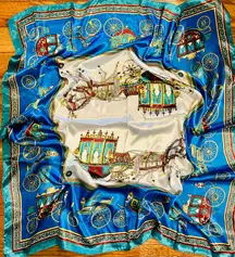 VINTAGE EQUESTRIAN horse&carriage ROYAL BLUE silky SCARF 35’/35’ inches