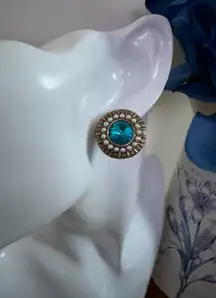 Silver-Tone Blue Rhinestones Faux Pearl Stud Earrings NWOT 1.3/4"